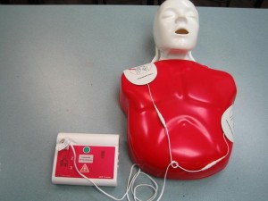 This is the AED pad placement on an adult training mannequin. 